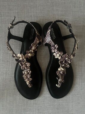 Michael Kors Black Sandals with Floral Embellishment. Size 7. Seasonal staple.